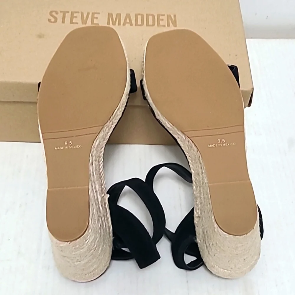 Steve Madden Sunty Studded Suede Wedge Espadrilles Sandals Black Size 9.…